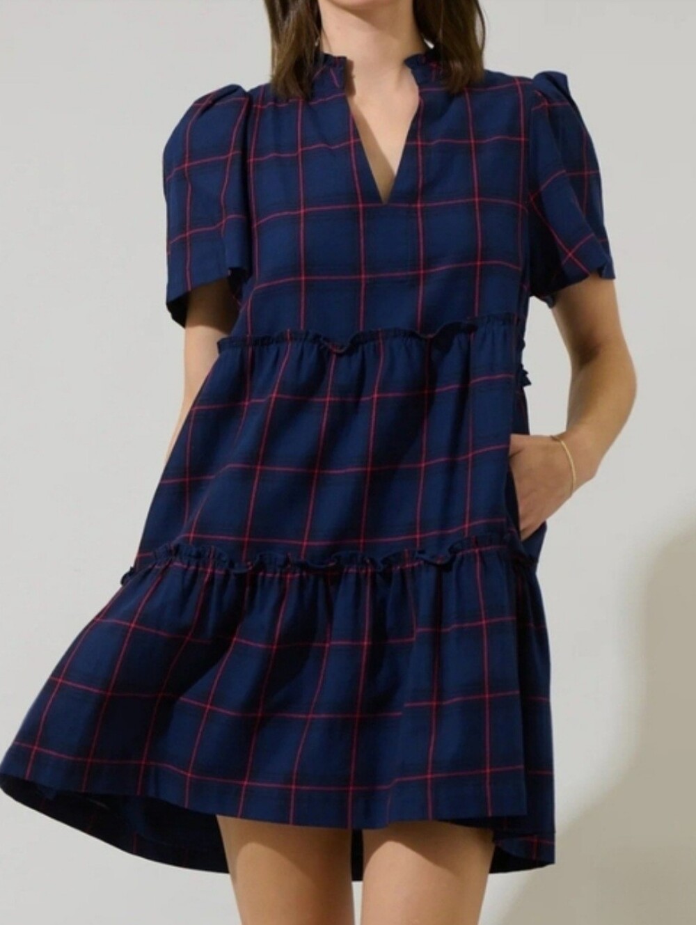New Sugarlips Navy-Red Holbrook Plaid Amelia Tiered Babydoll Short Sleeve Dress